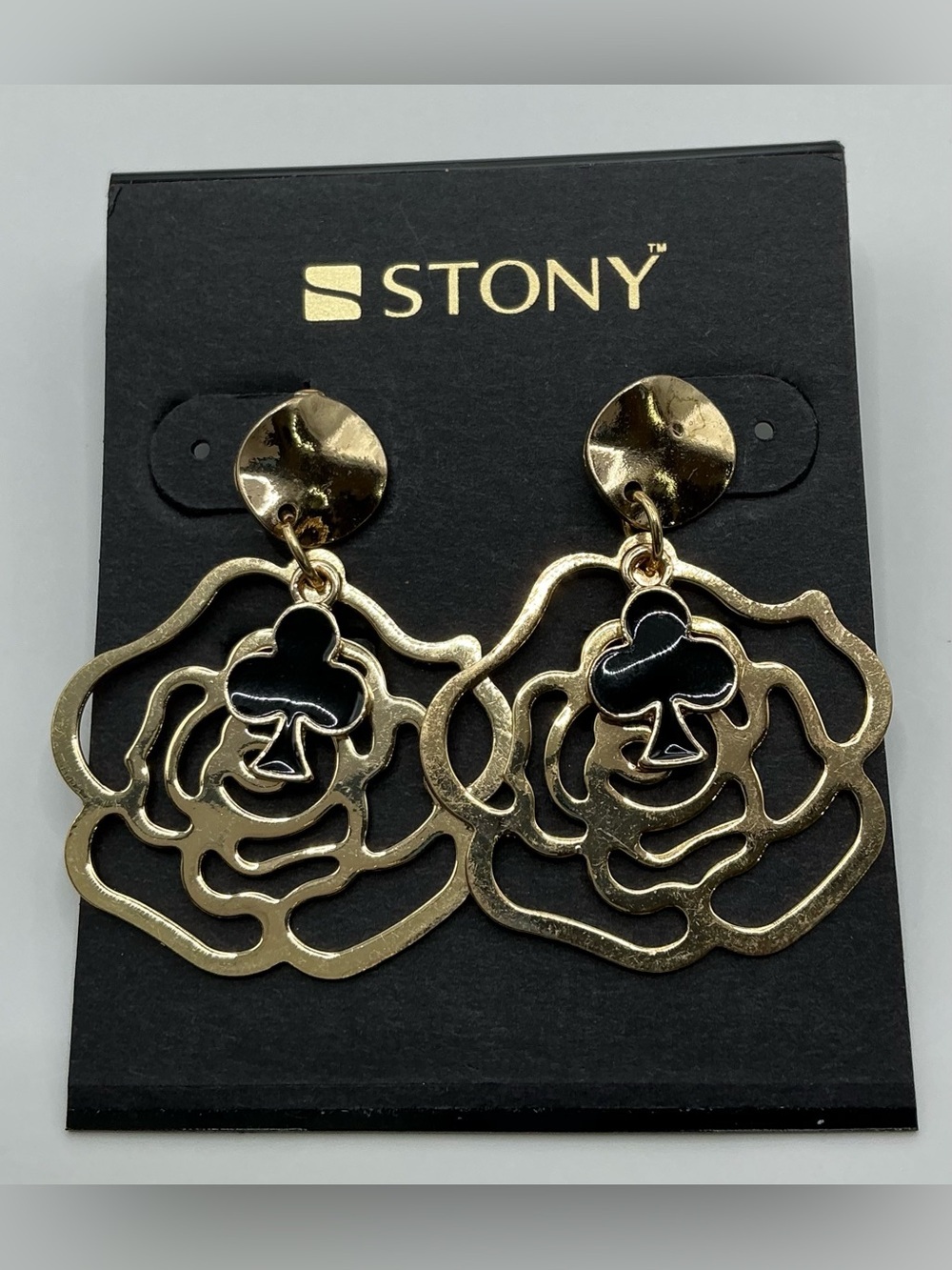 STONY GOLD TONE FLORAL DROP EARRINGS WITH BLACK CLUB ACCENT PIERCED